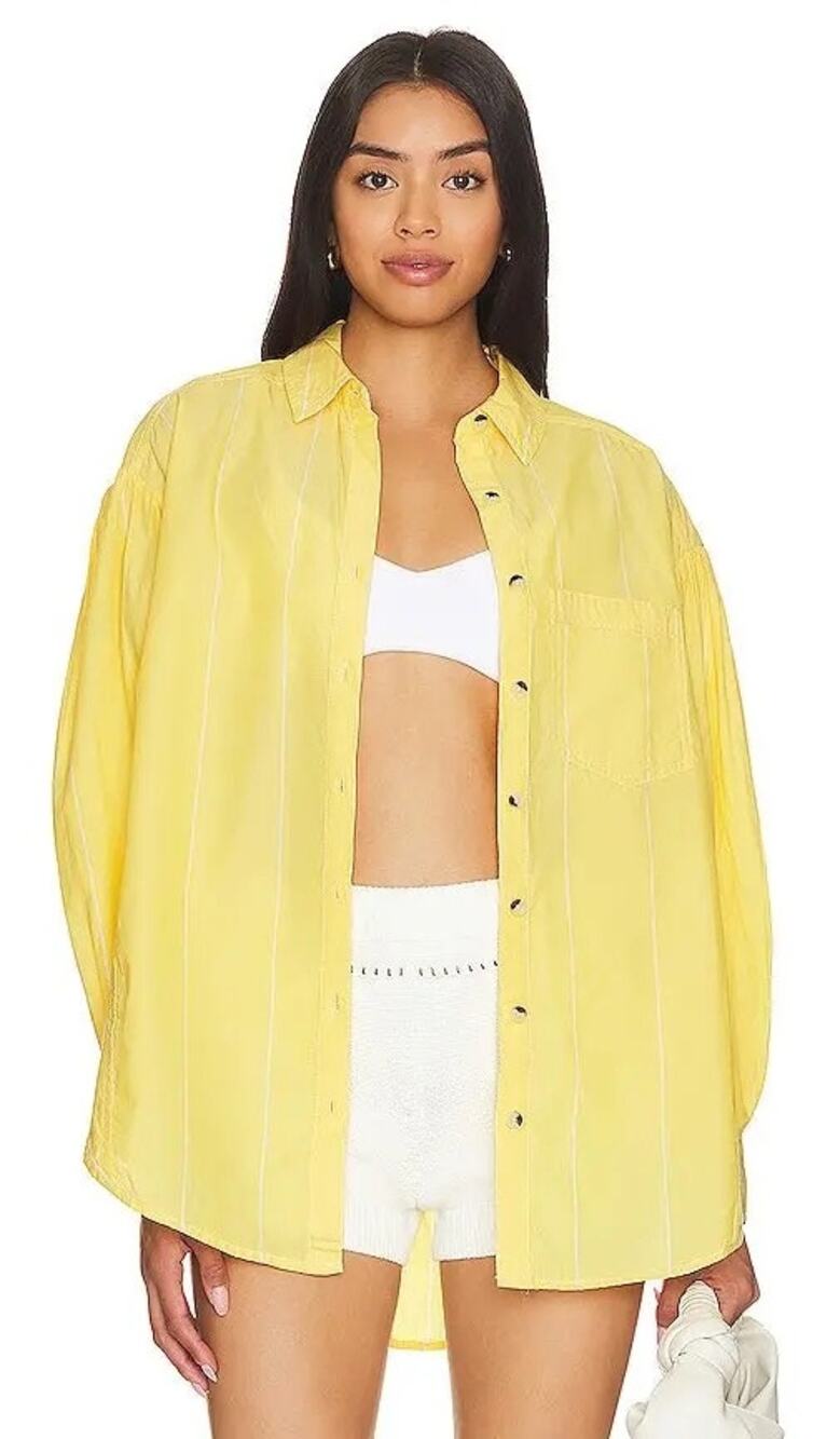 Free People We The Free Happy Hour Stripe Oversized Button Up Shirt L